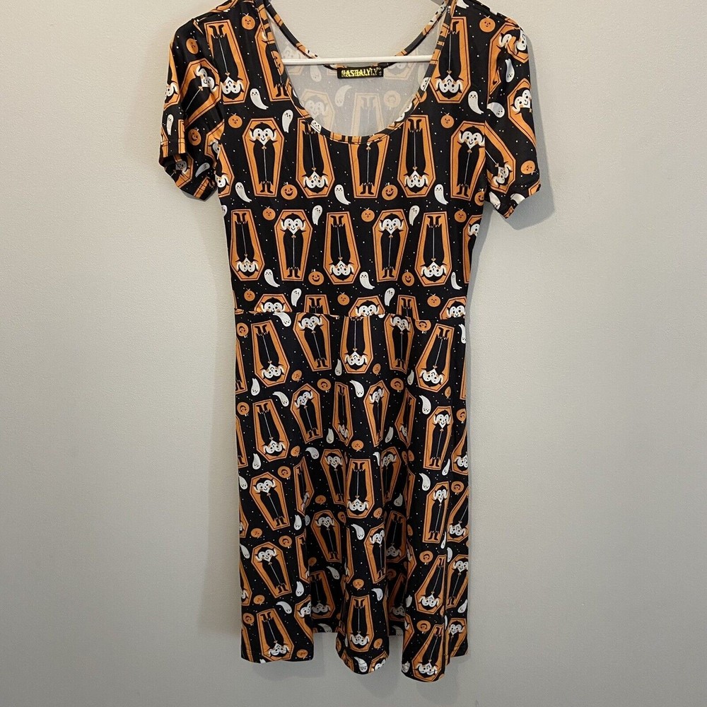 Nashalyly Vampire HALLOWEEN Print Silky Short Sleeve Dress Women's Size Small